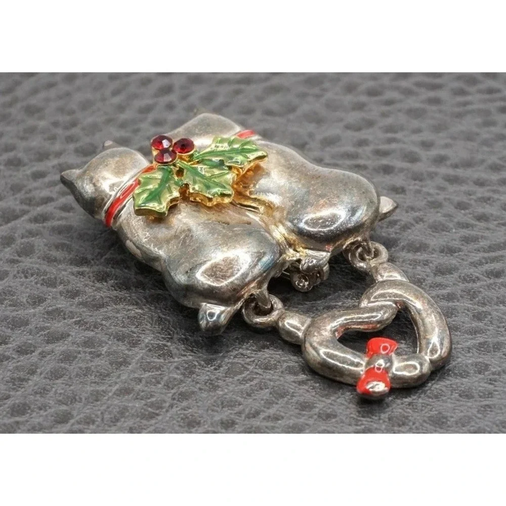 Vintage Cat Brooch Holly Christmas Holiday Pin Rhinestone Enamel Silver Tone